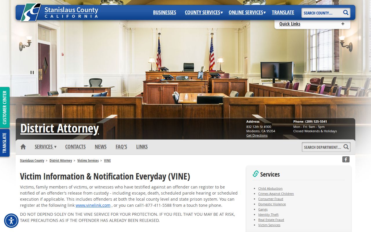 Stanislaus County DA VINE custody notification page