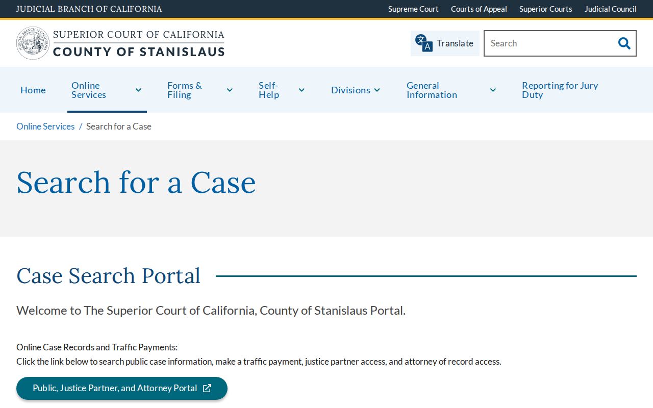 Stanislaus County Superior Court case search page