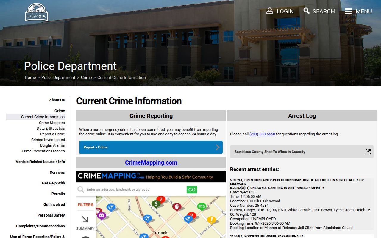 Turlock Police current arrest information page