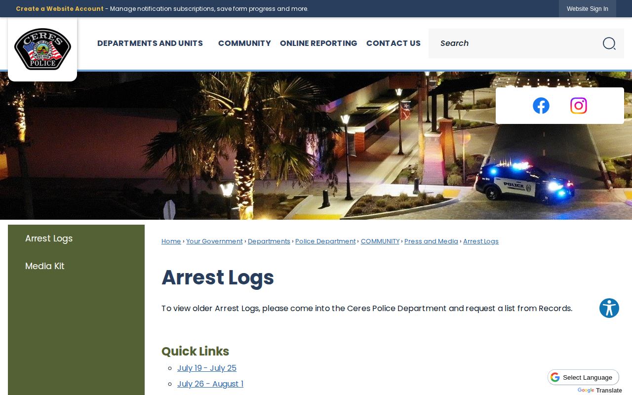 Ceres Police weekly arrest reports in Stanislaus County