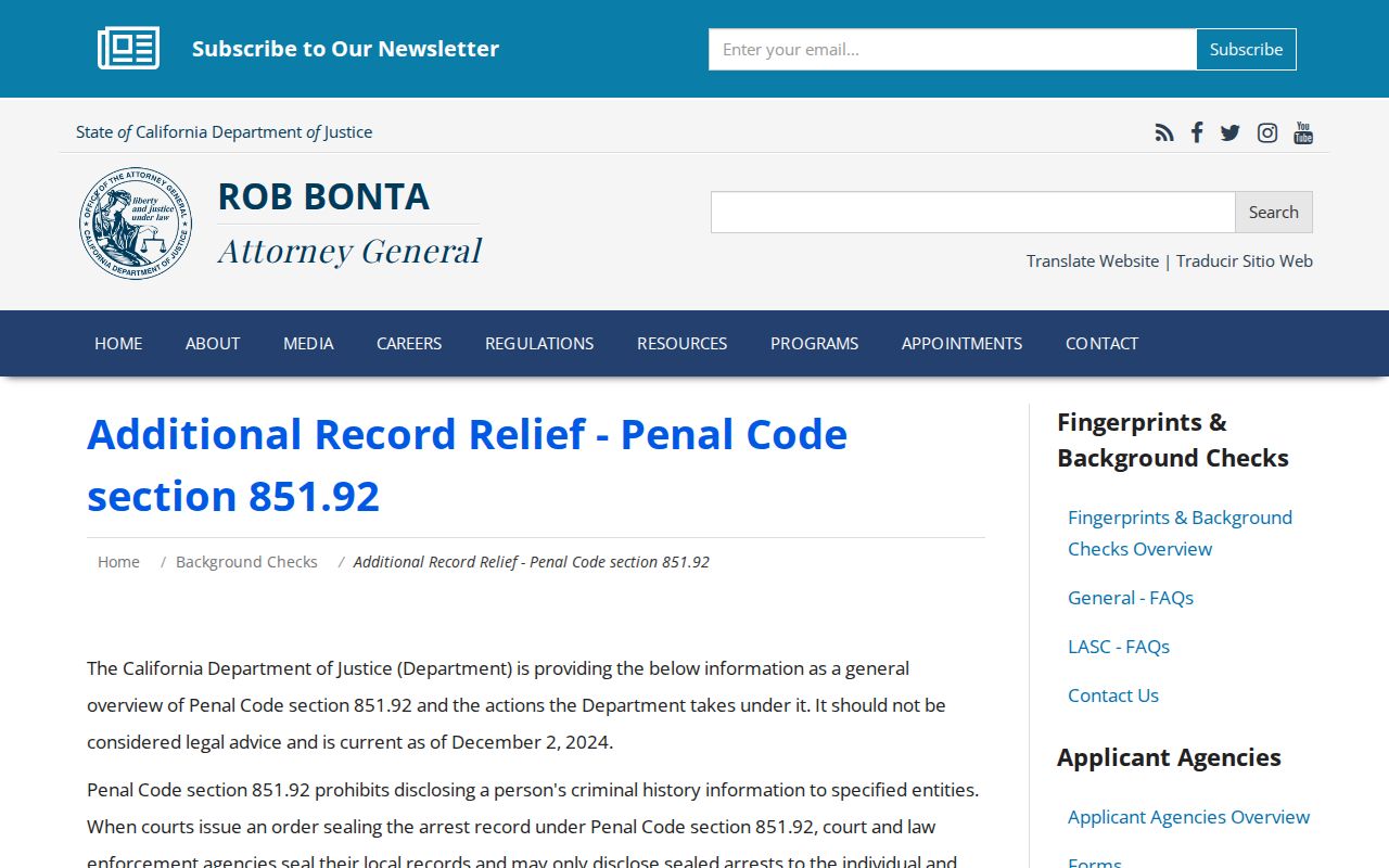 California Attorney General record relief information